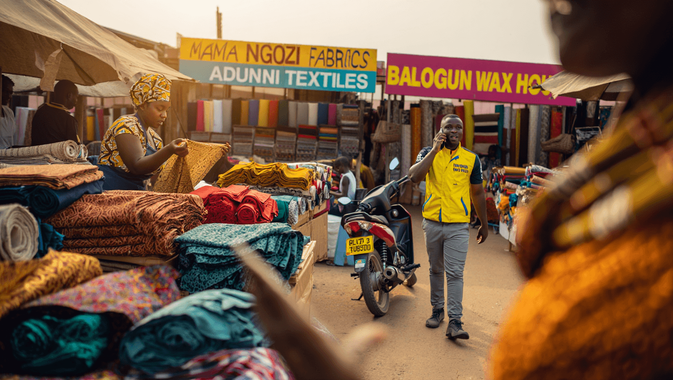Stalls of fabric and clothing in a Nigerian market